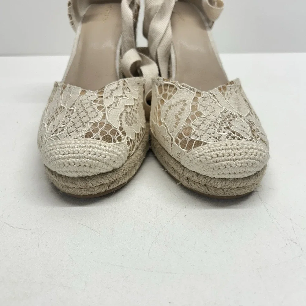 Reformation Camilla Lace Up Wedge Espadrille Cream‎ Lace Size 10.5 Boho Wedding